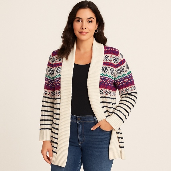 Talbots Plus Fair Isle Shawl Cardigan Sweater | Nordic Stripe Knit | Size X - Picture 1 of 16